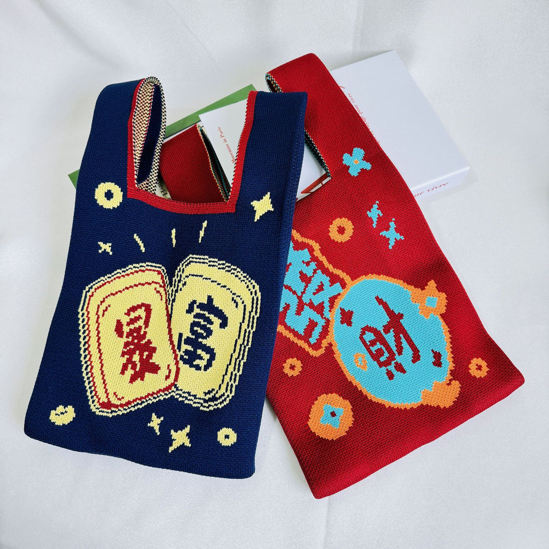 Women's Knitted Sling Bag Fortune Print Small Square Handbag
