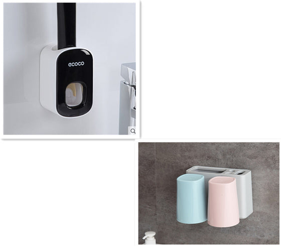 Black automatic toothpaste dispenser with a two-cup toothbrush holder