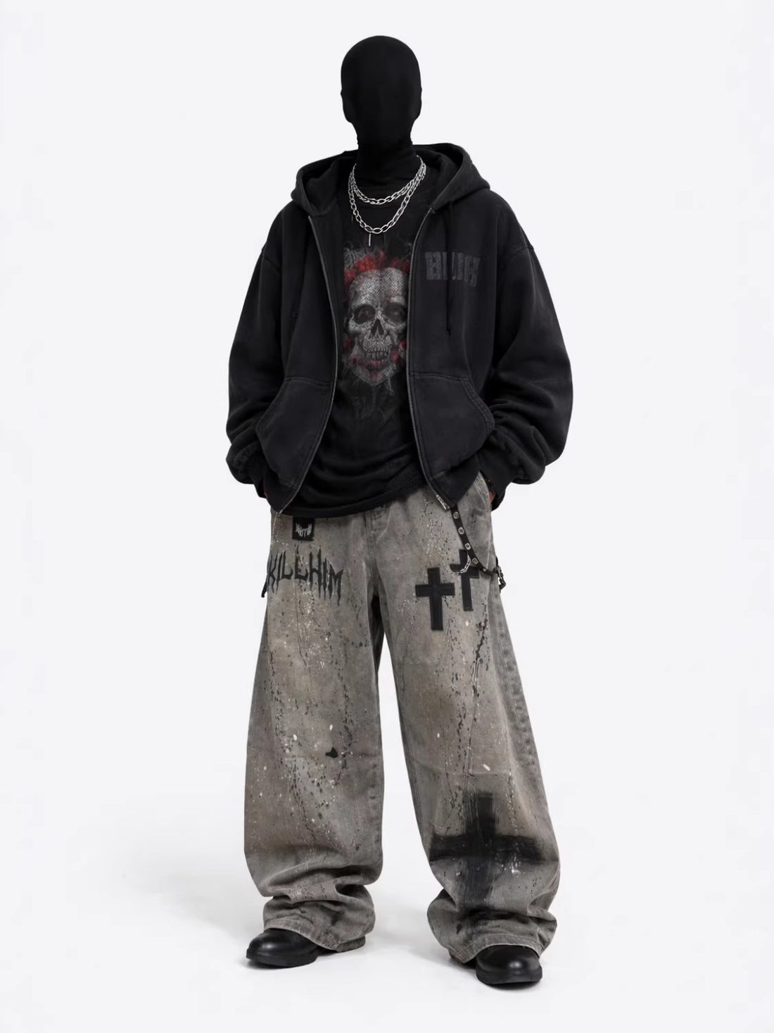 Mens Washed Gray Splatter Ink Ripped Jeans