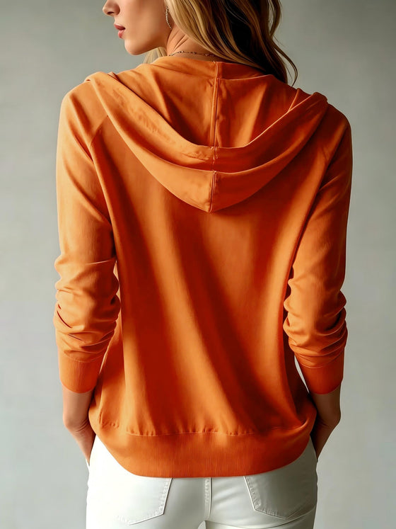Women's Solid Color Hooded Zip-Up Cardigan Long Sleeve Loose Fit Sweatshirt