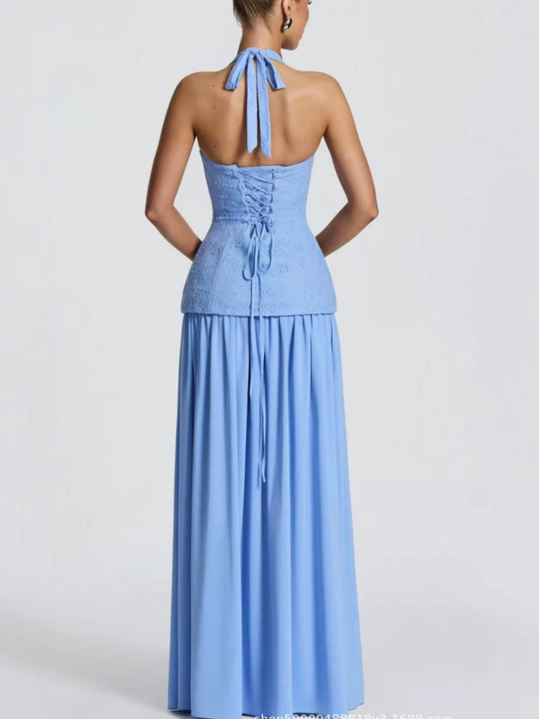 Halter neck lace spliced long dress with side slit, photo 4