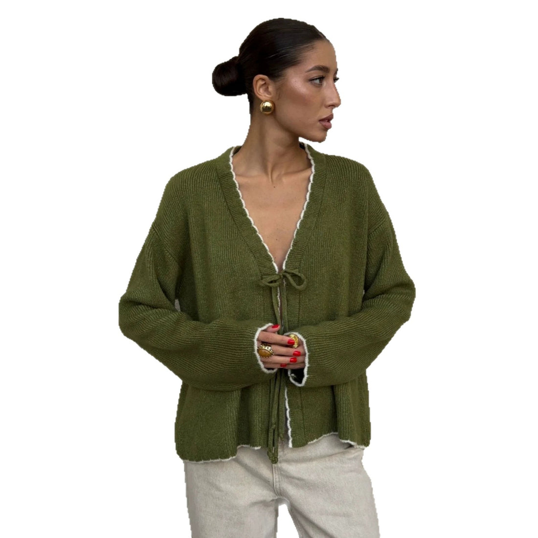 Color-block knit V-neck cardigan with front bow tie, photo 5