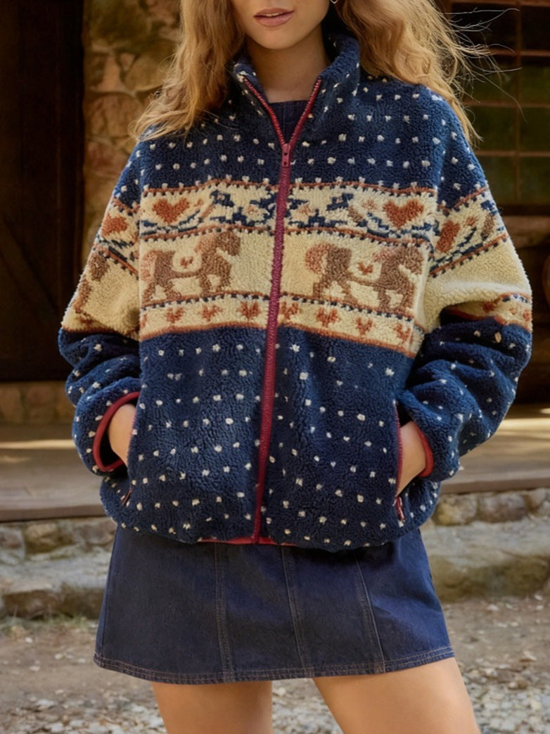 Women's Christmas Snowflake Moose Zipper Long-Sleeve Woolen Coat