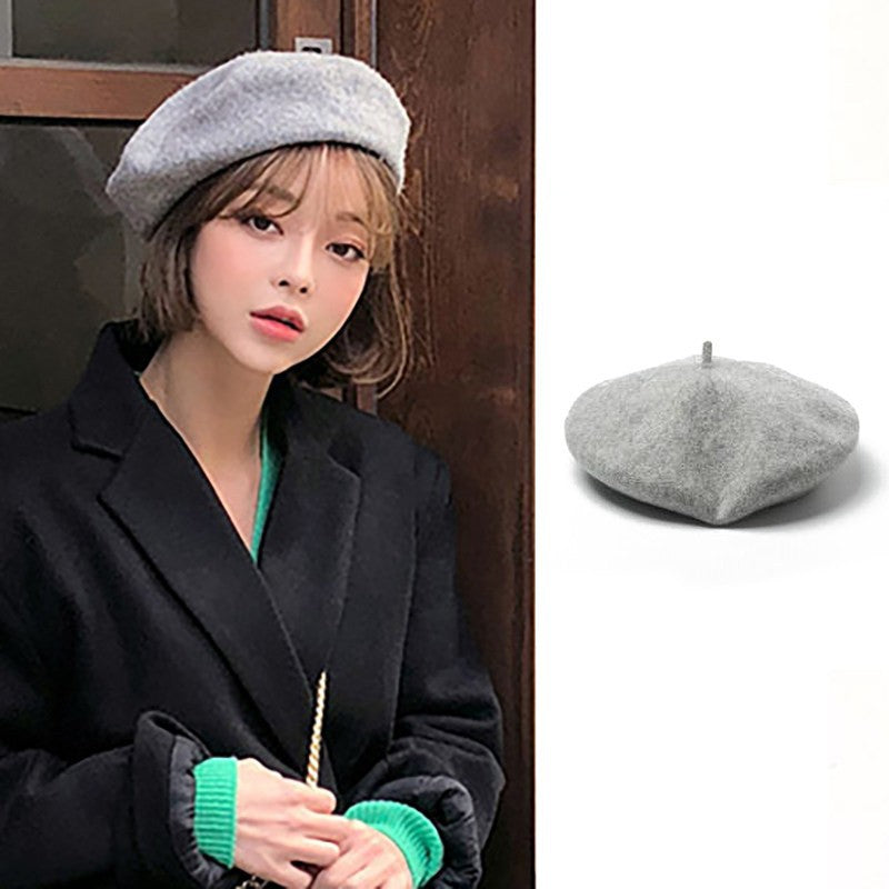 Retro Solid Color Wool Beret Hat for Women, Autumn Winter Adjustable Painter Cap