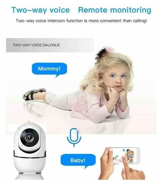 Girl talking to a parent through the camera's two-way audio