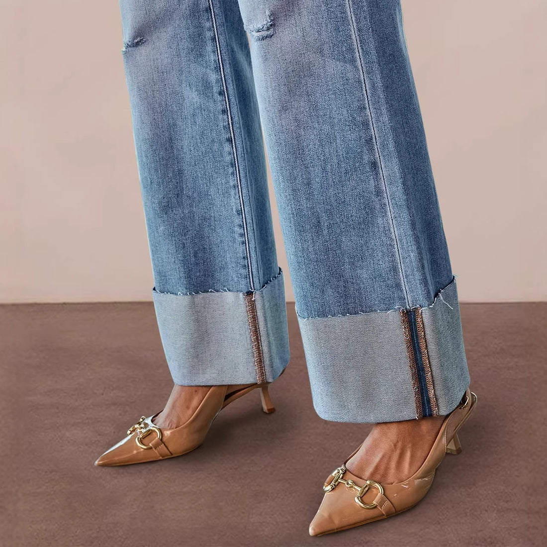 Women's High-Waisted Wide-Leg Washed Denim Jeans with Ripped Details