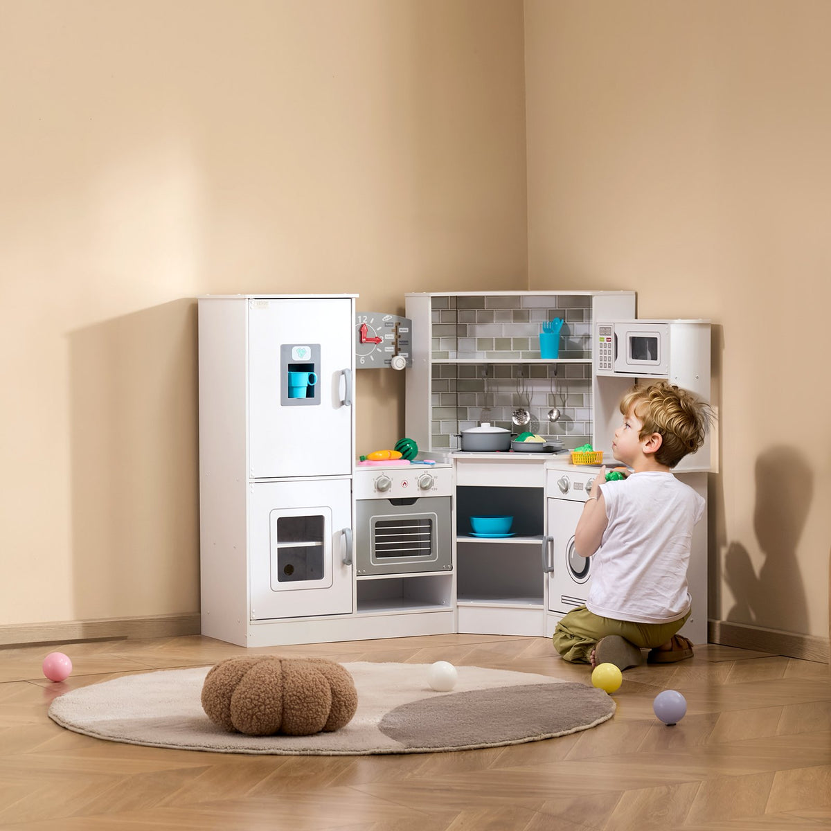 Kids play kitchen with sound full front view in white