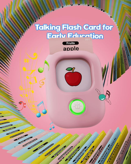 Pink talking flash card reader showing an apple card, surrounded by colorful word cards