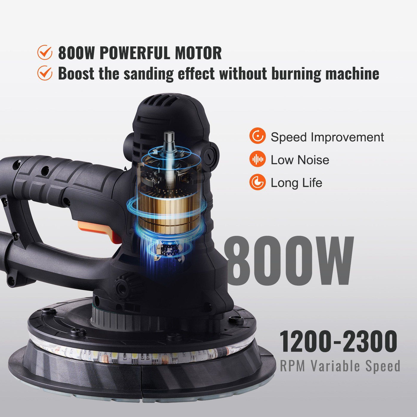 800W variable speed drywall sander with built-in vacuum