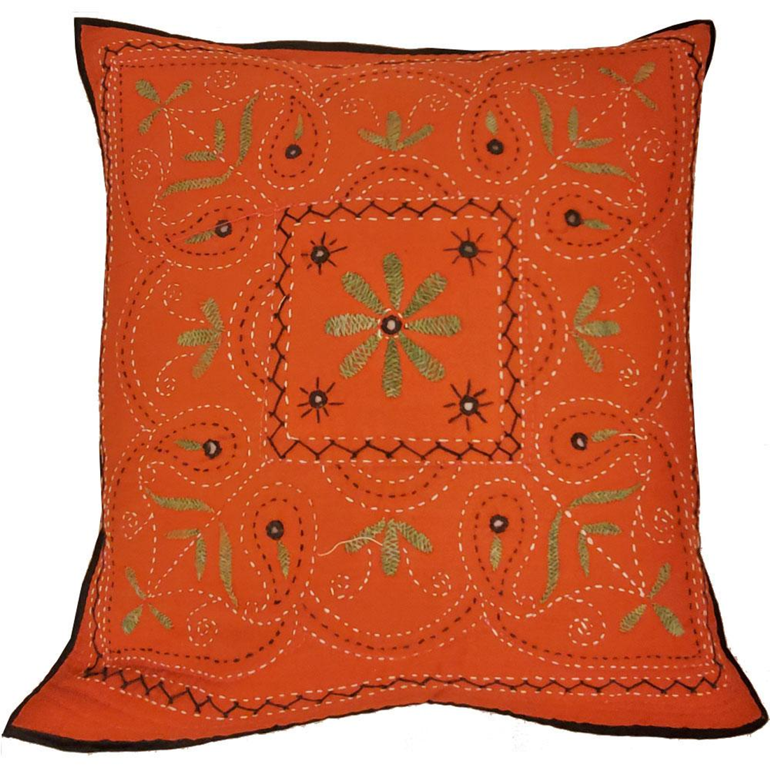 Mirror Work Aari Embroidery Cushion Cover, 16 x 16 in