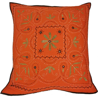 Mirror Work Aari Embroidery Cushion Cover, 16 x 16 in