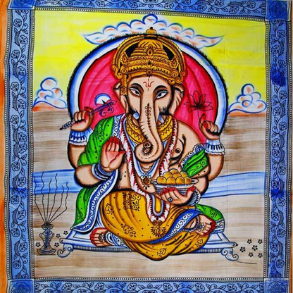 Ganesha Holding Lotus Flower Pastel Tapestry with Tassels