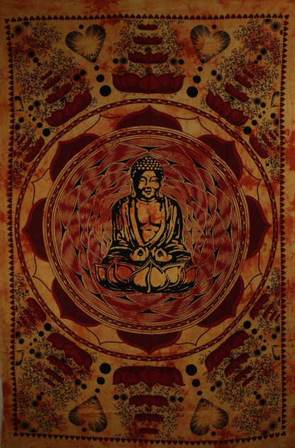 Buddha in Dharma Chakra Mudra on a Lotus Flower Tapestry