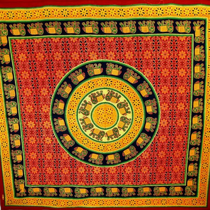Green & Orange Bagru Elephant Mandala Tapestry