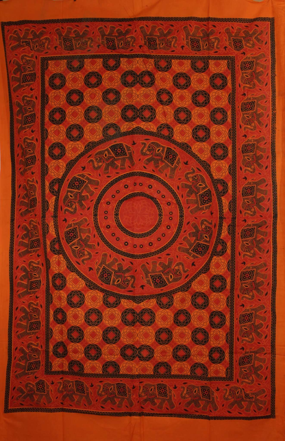 Saffron & Red Folk Style Bagru Elephant Mandala Tapestry