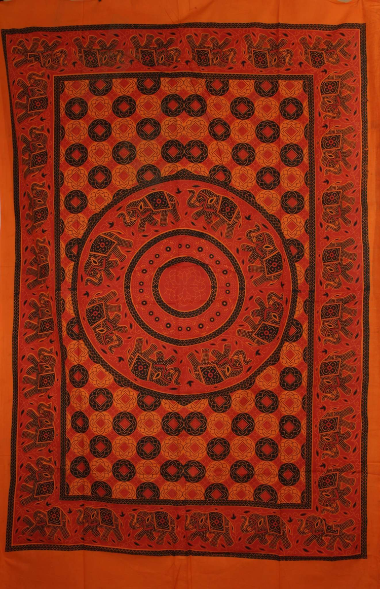 Saffron & Red Folk Style Bagru Elephant Mandala Tapestry
