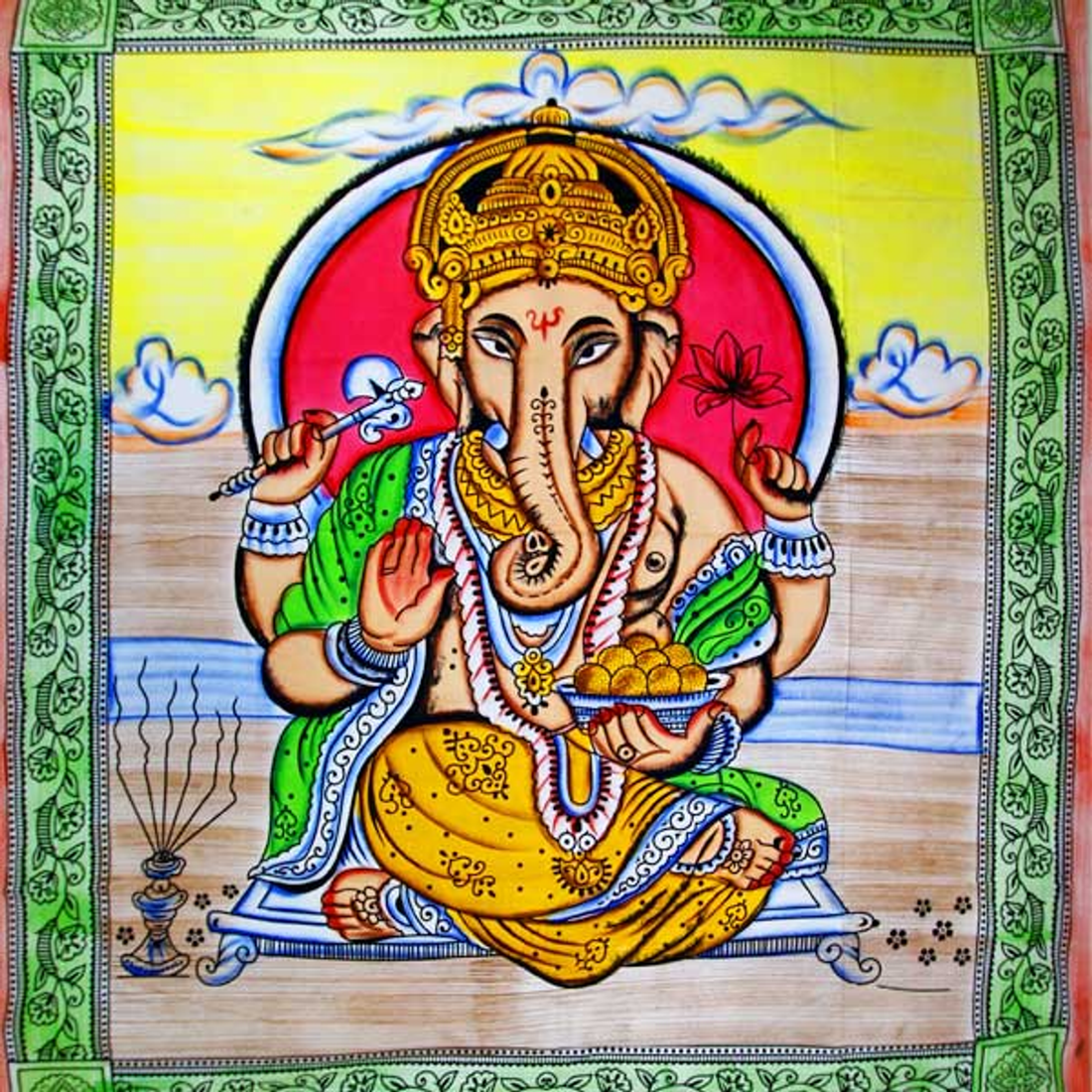 Ganesha Holding Lotus Flower Pastel Tapestry with Tassels