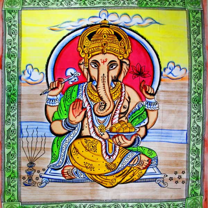 Ganesha Holding Lotus Flower Pastel Tapestry with Tassels
