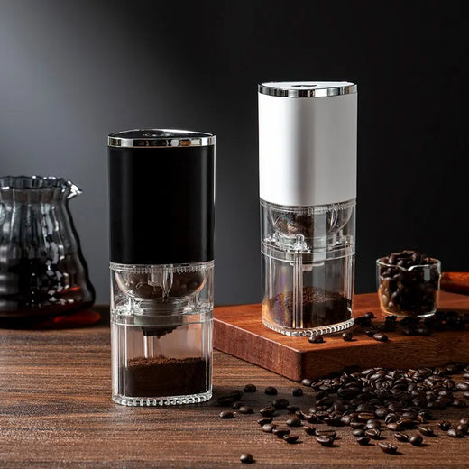 Portable USB coffee grinder in black and white colors