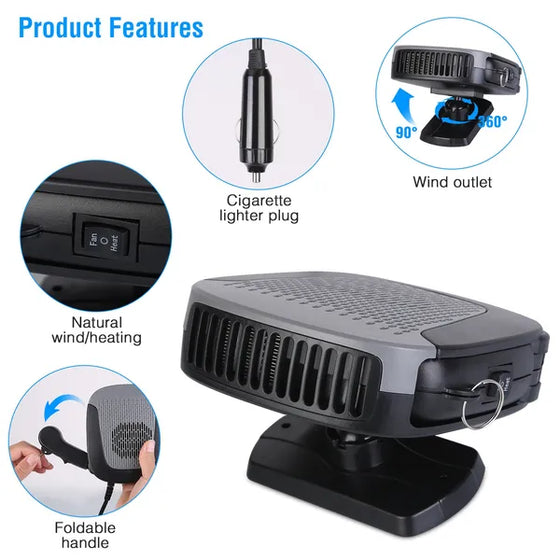 Car heater features: lighter plug, switch, foldable handle