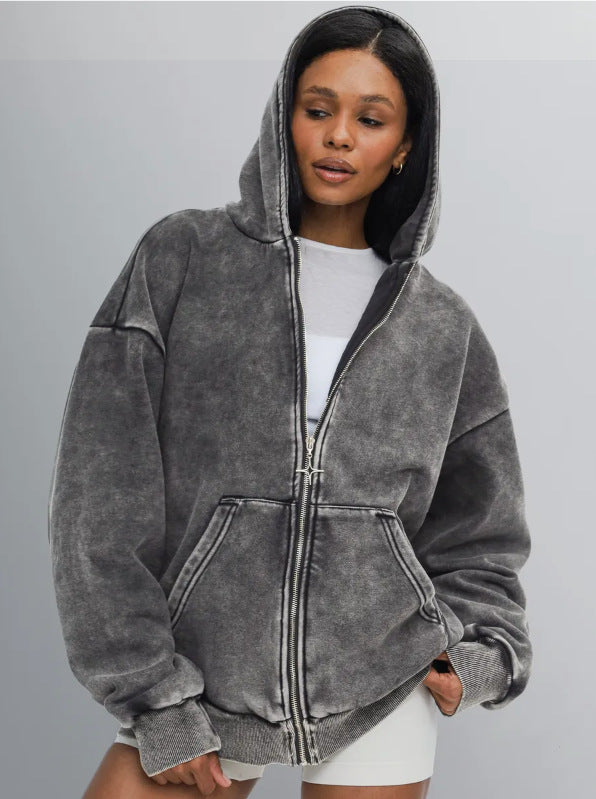 Men's Heavyweight Fleece-Lined Vintage Washed Hoodie Loose Fit Streetwear Sweatshirt
