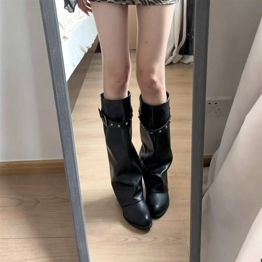 Womens Pointed Toe Black Long Boots with Chunky Heel