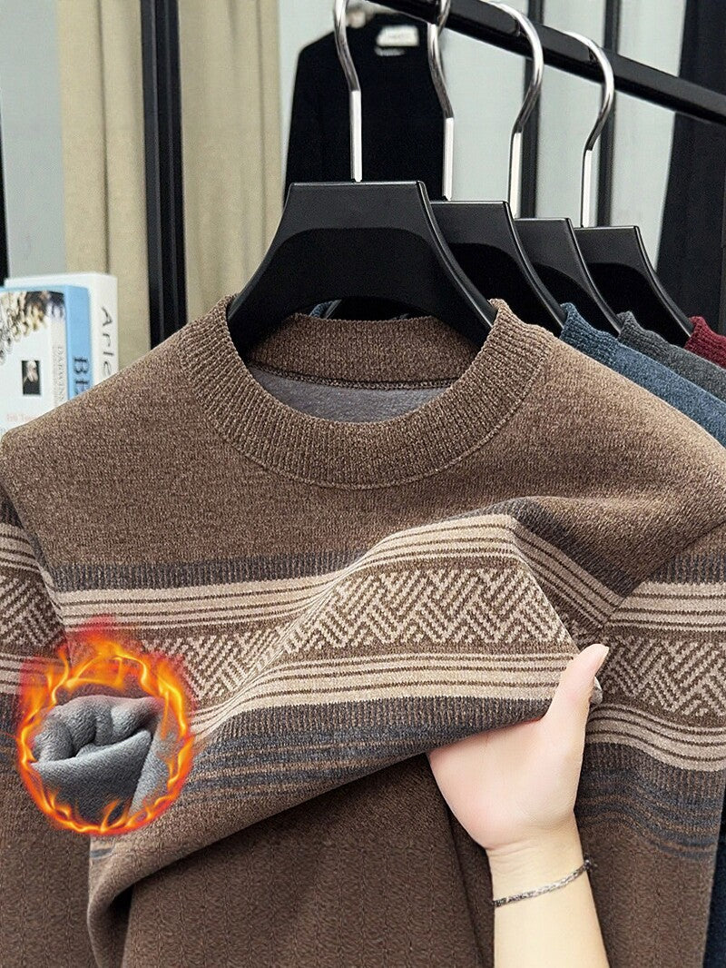 Men's Fleece Lined Striped Knit Sweater Crew Neck Long Sleeve Warm Pullover