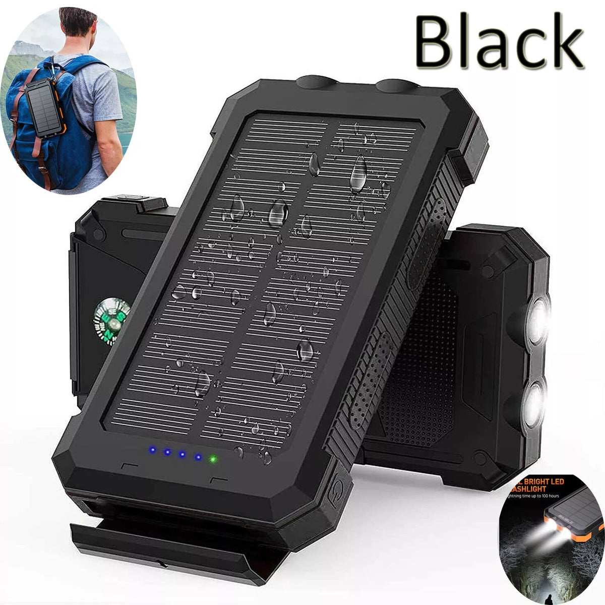 Solar power bank front view showing dual USB ports