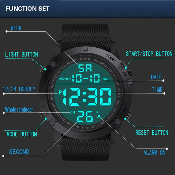 Button guide for the digital watch: light, mode, start, reset