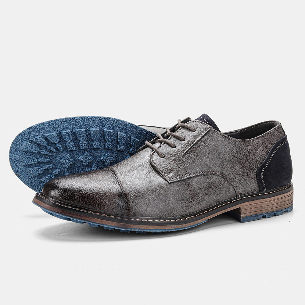 Men's Vintage Business Casual Leather Shoes Low Top Lace Up Round Toe Dress Sneakers