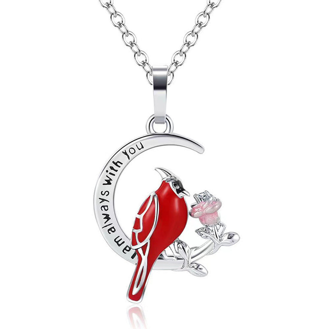 Style 1 cardinal pendant on a silver-tone crescent moon with a flower