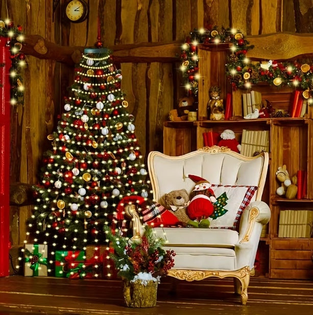 Christmas tree wrapped in multicolor LED strand lights in a cabin