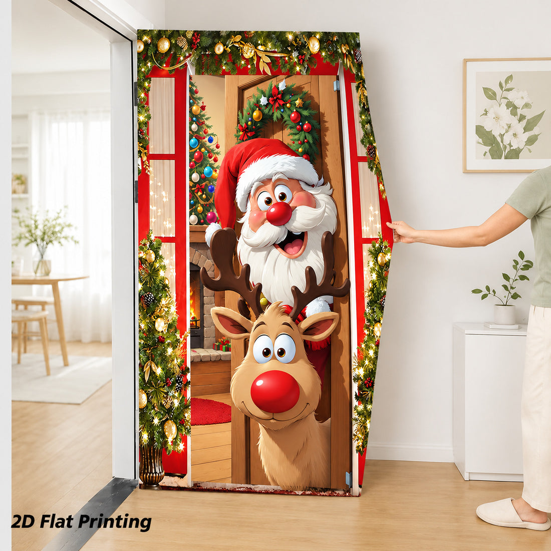 Milk Silk Christmas Door Banner Reindeer Santa Claus Design Festive Party Decoration Hanging Cloth for Home Living Room Bedroom