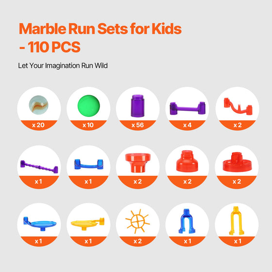 Marble run set parts list: 20 glass marbles, 10 glow marbles, 56 tubes and connectors