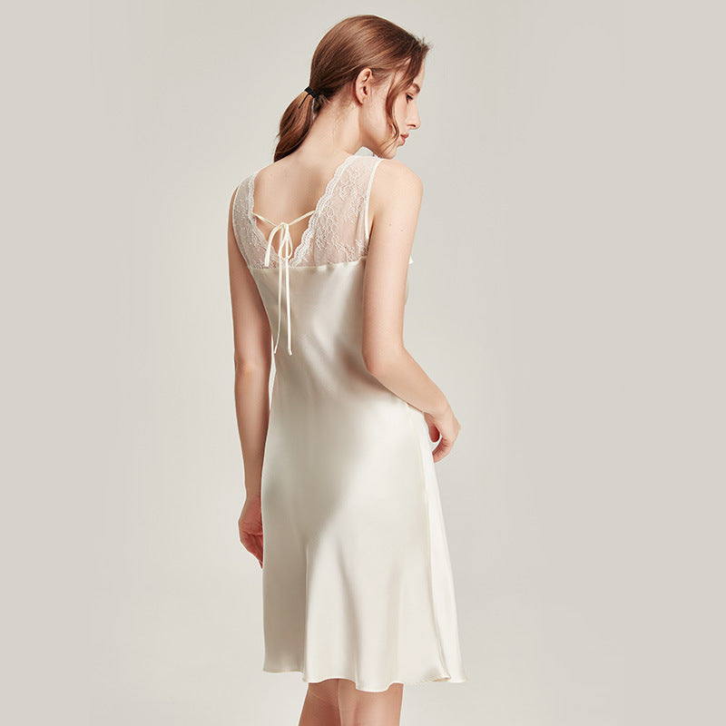 Mulberry silk midi slip nightgown with lace trim, photo 4