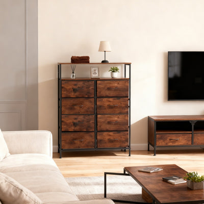 8 Drawer Fabric Dresser With Open Shelf Storage