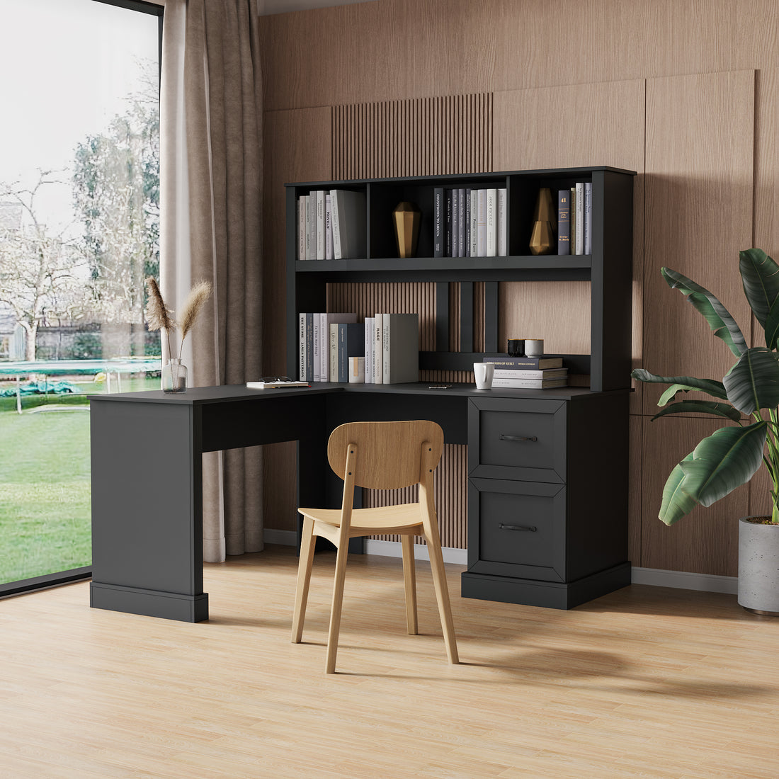 Home Office Computer Desk with Hutch Black Finish