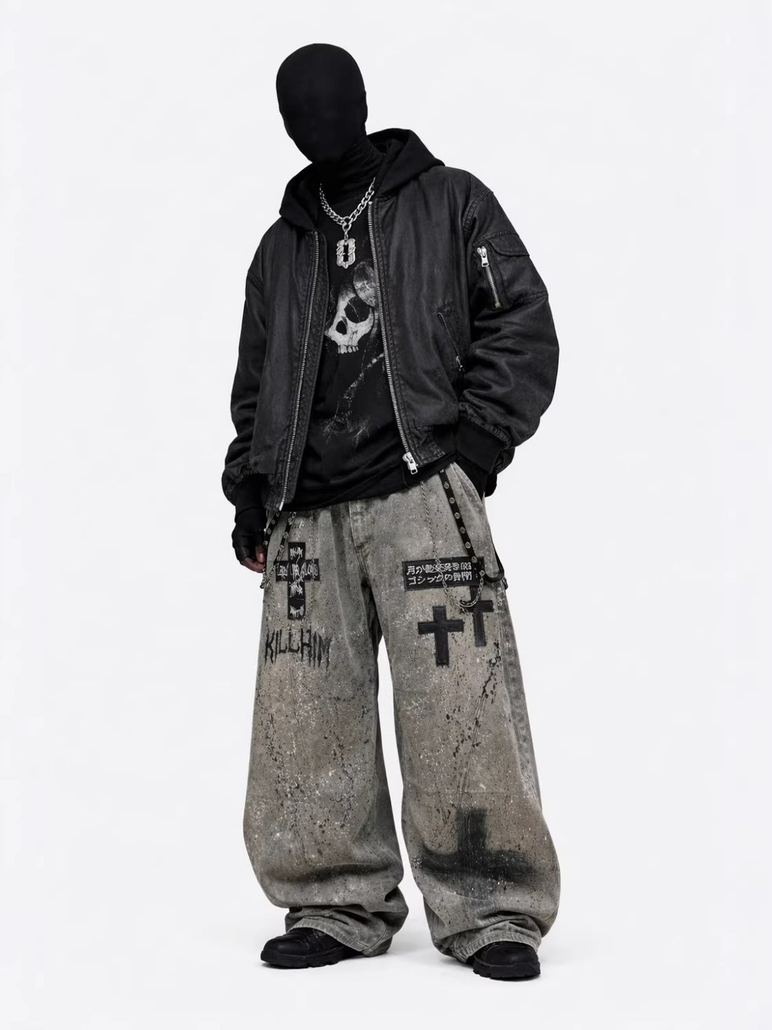Mens Washed Gray Splatter Ink Ripped Jeans