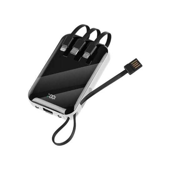 White power bank with four built-in charging cables folded out