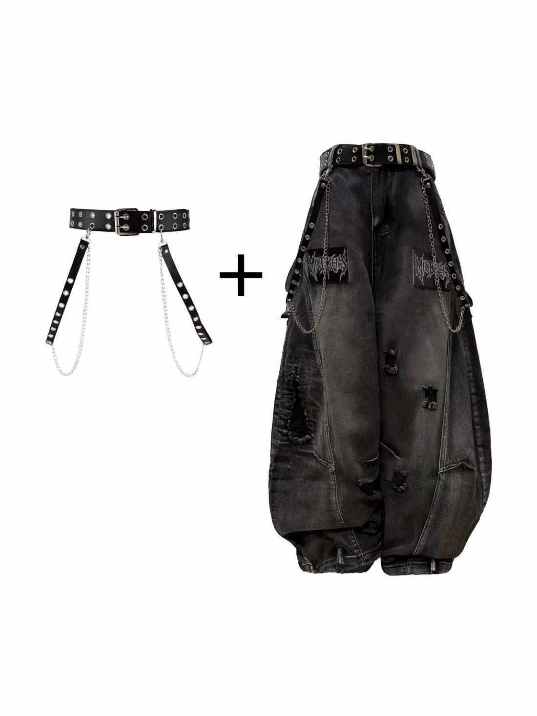Punk-Style Distressed Ripped Denim Wide-Leg Pants