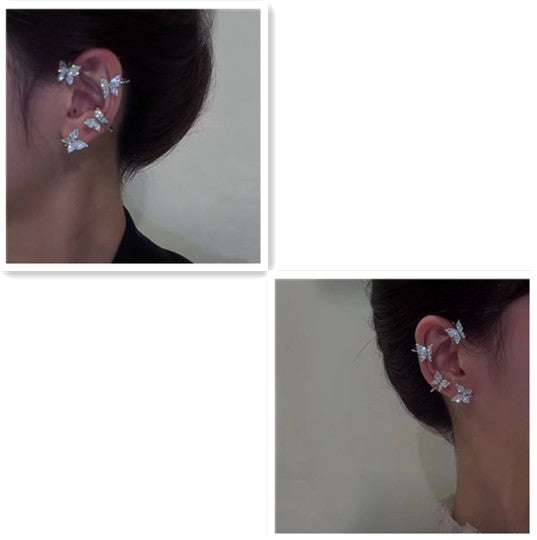 Collage of the silver-tone butterfly ear cuff worn on an ear
