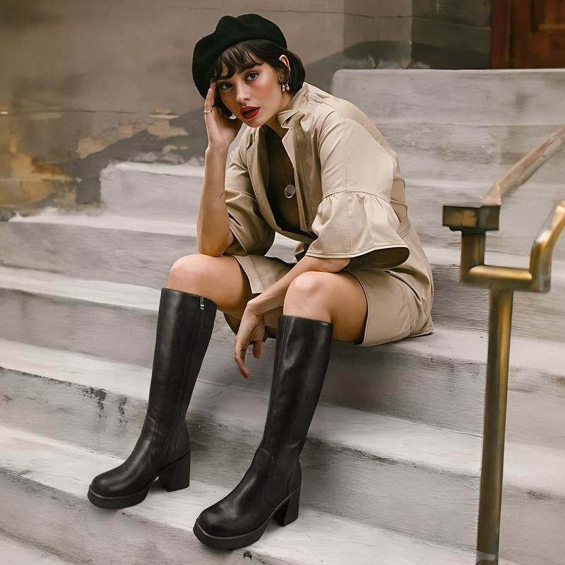 Women Chunky Heel Square Toe Knee Boots