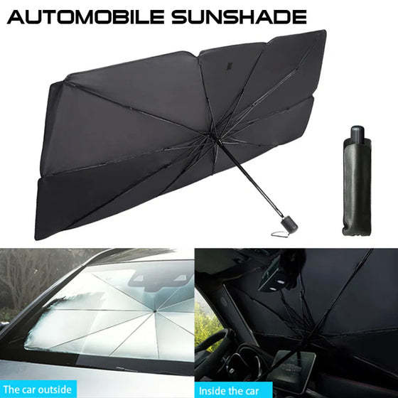 Automobile sunshade installed, inside and outside views