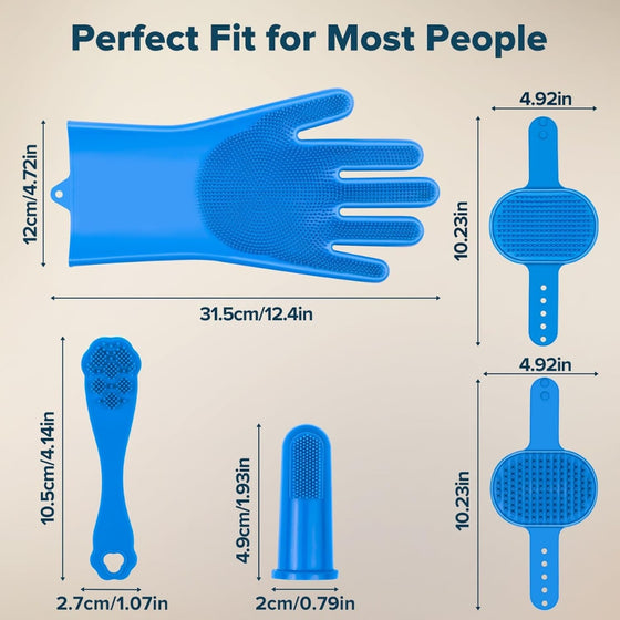 Grooming glove, bath brush and finger toothbrush dimensions