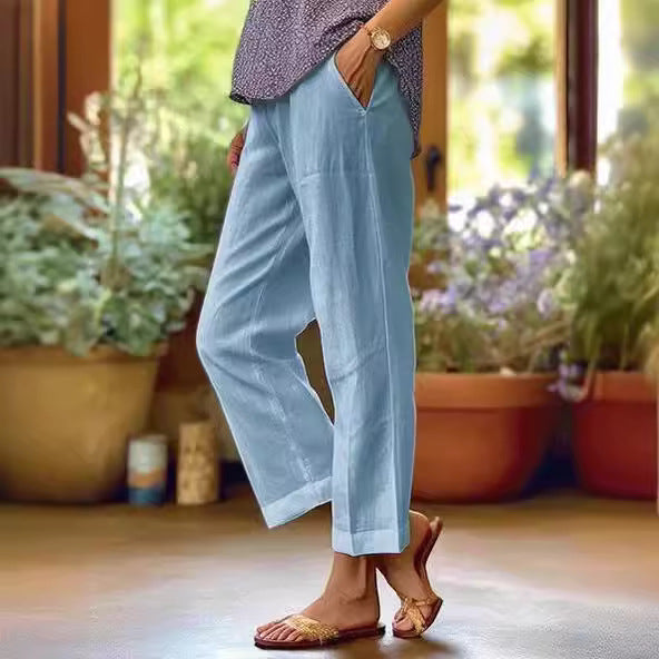 Elastic-waist straight-leg casual pants with pockets