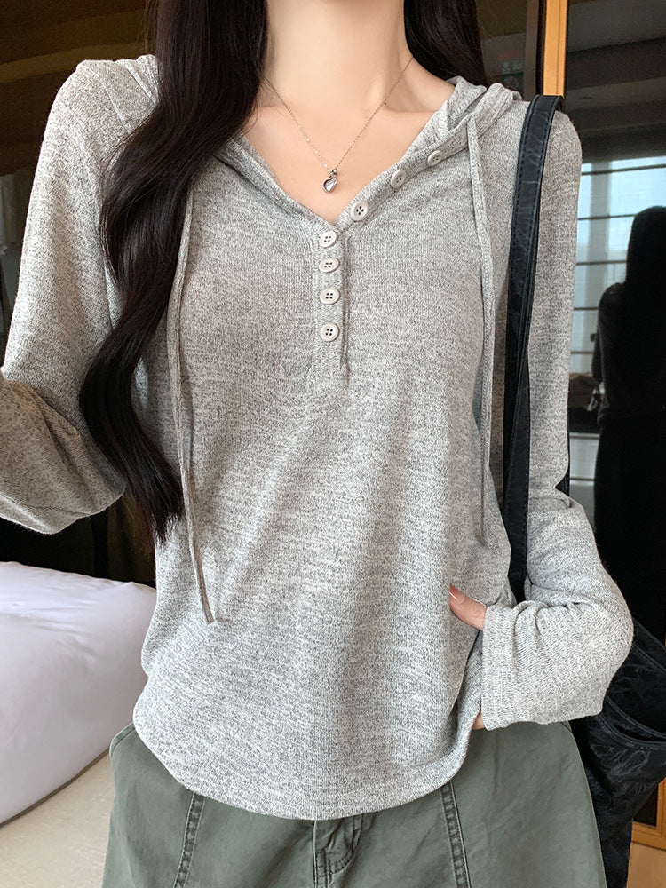 Women's Button-Down Knit Hoodie Long Sleeve Henley T-Shirt