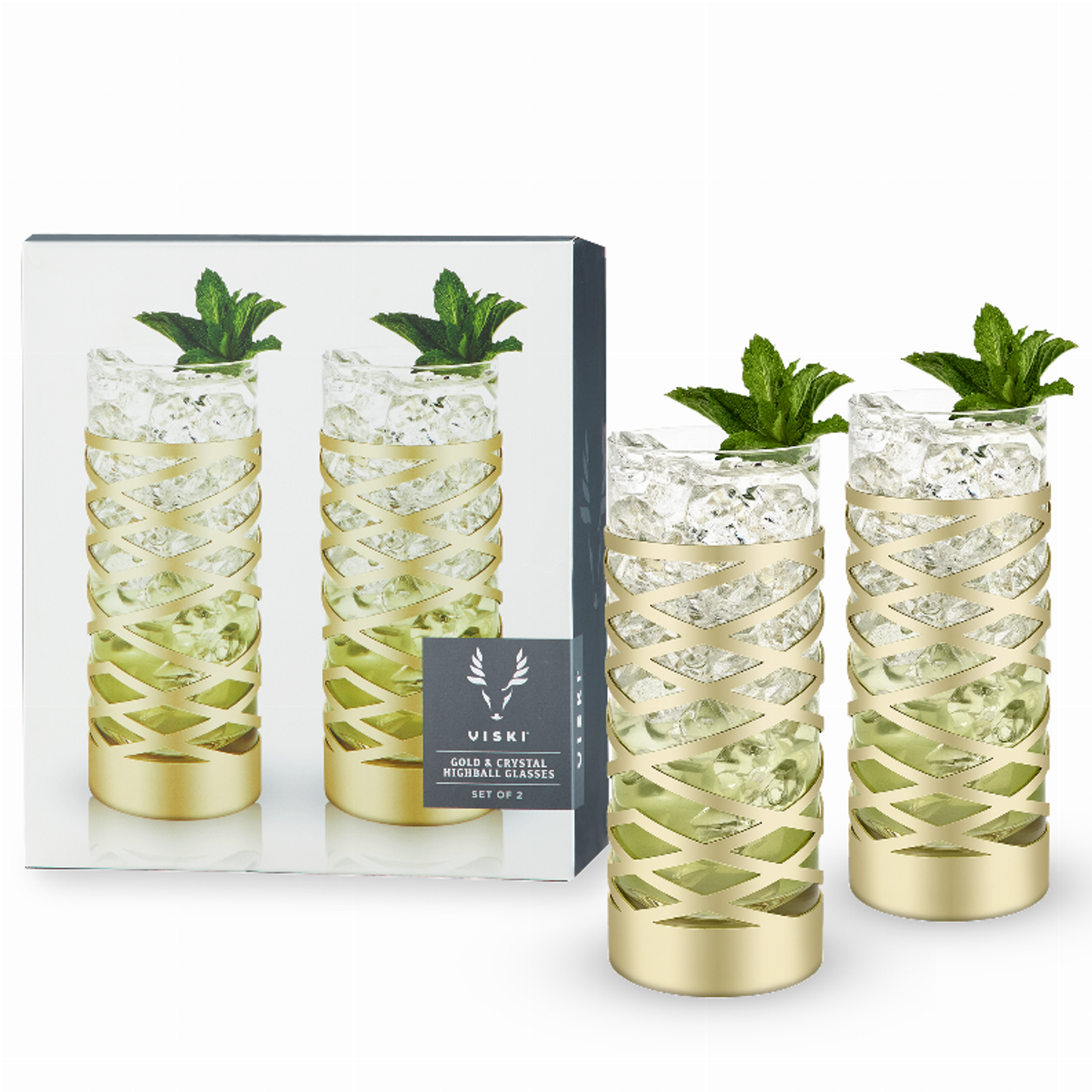 Viski Gold Lattice Patterned Highball Glasses, Set of 2