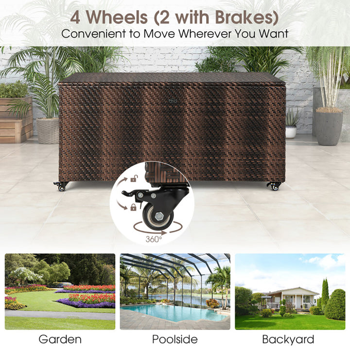 Wicker deck box storing outdoor cushions
