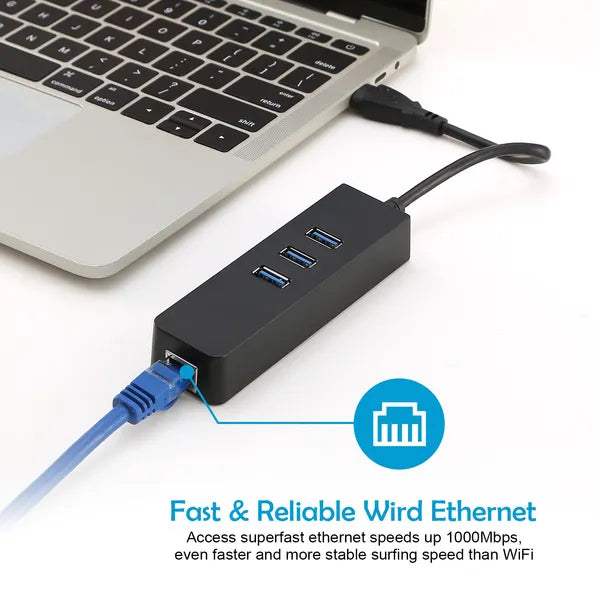 USB hub with blue Ethernet cable plugged into the RJ45 port