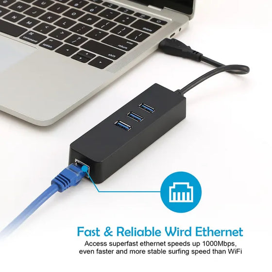 USB hub with blue Ethernet cable plugged into the RJ45 port